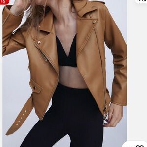 Zara Women Faux Leather Biker Jacket Light Camel 3046/029